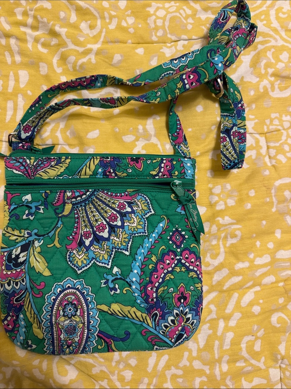Vera Bradley Green Paisley Quilted Crossbody Bag with Pink & Yellow Accents